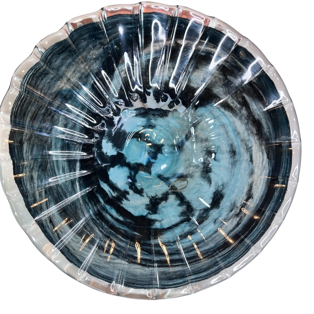 Vintage Arte Murano Blue Black Art Glass Bowl Scalloped Rim Made in Italy‎
